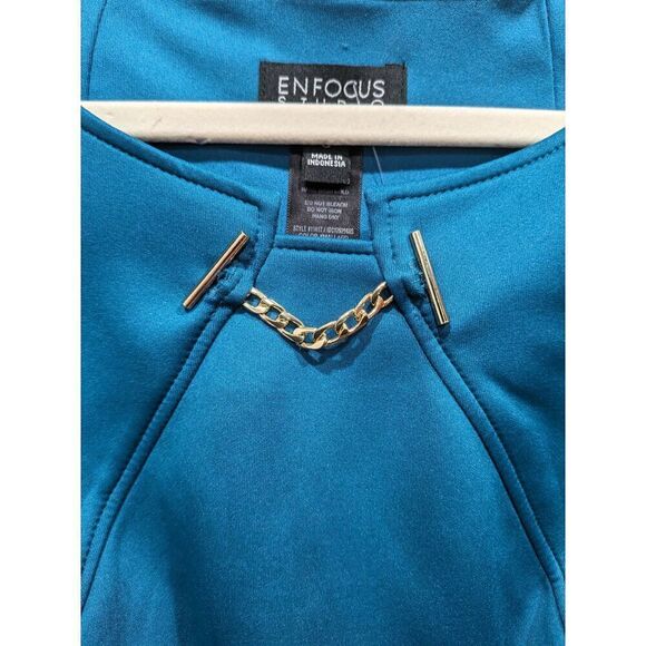 New! EnFocus Studio Dark Teal Blue Green Sleeveless Gold Chain Sheath Dress, 8 - Picture 3 of 7